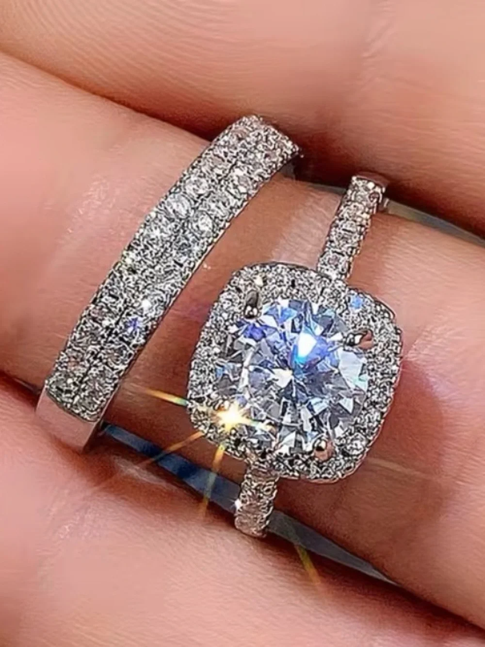 Cushion Halo Fashion Ring | Sparkly Statement Ring | White Gold Plated Alloy